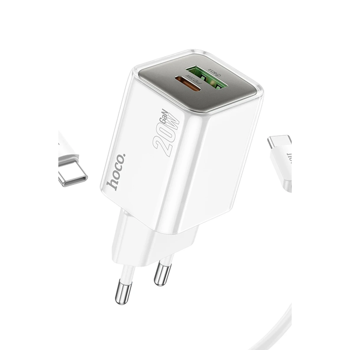 Hoco. N46 Glorious 1 Adet Type-C ve 1 Adet USB Çıkışlı Ekstra Type-C to Type-C Kablolu 20W PD Hızlı Şarj Aleti - Beyaz